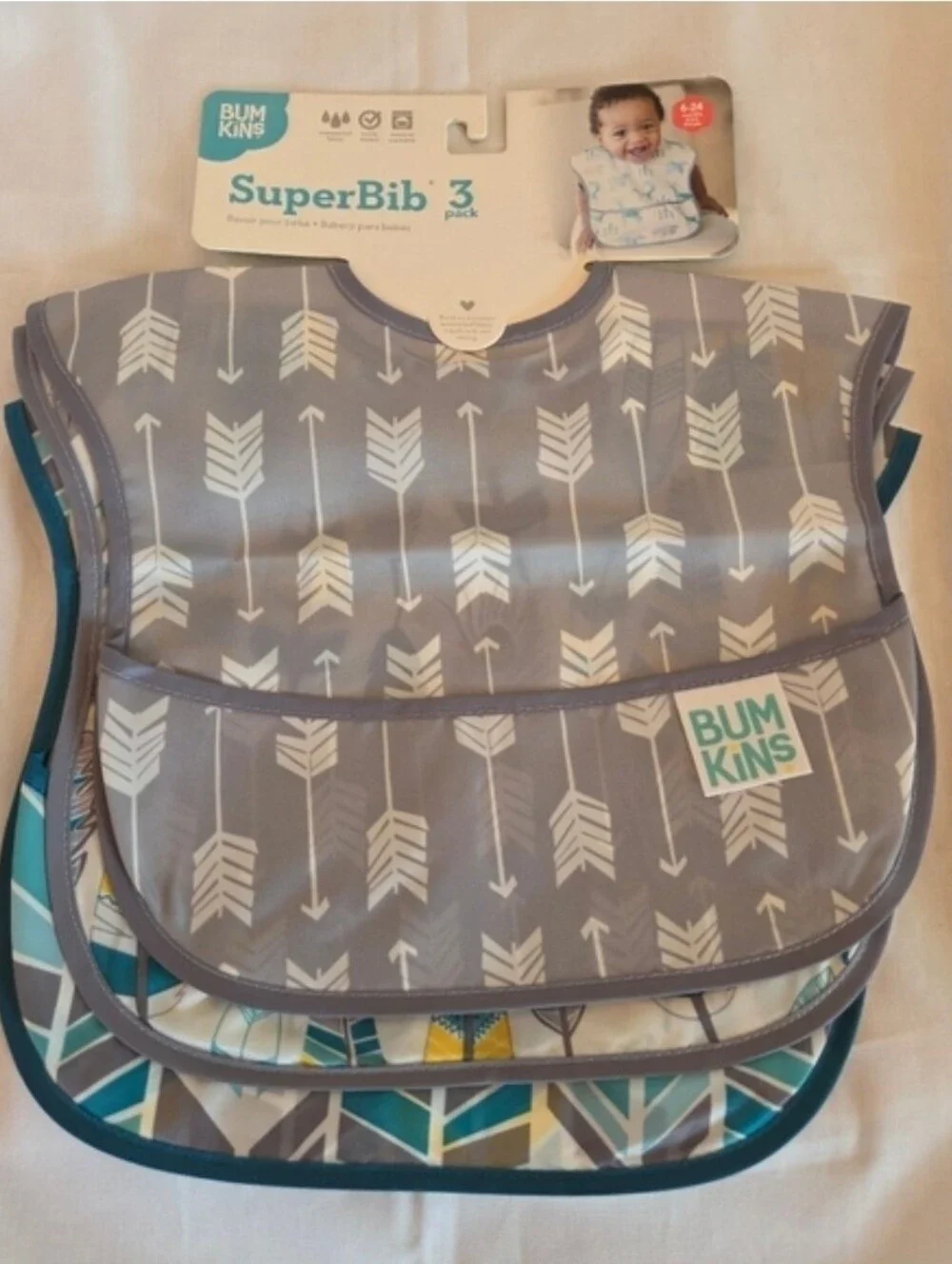 Bumkins SuperBib (2) 3-Pack - Gray Arrow & Floral Multicolor with Pink Accent